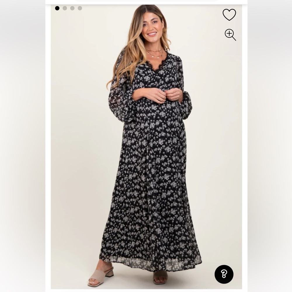 NWOT Pinkblush Black Floral Chiffon Lace Trim Back Tie Maternity Maxi Dress